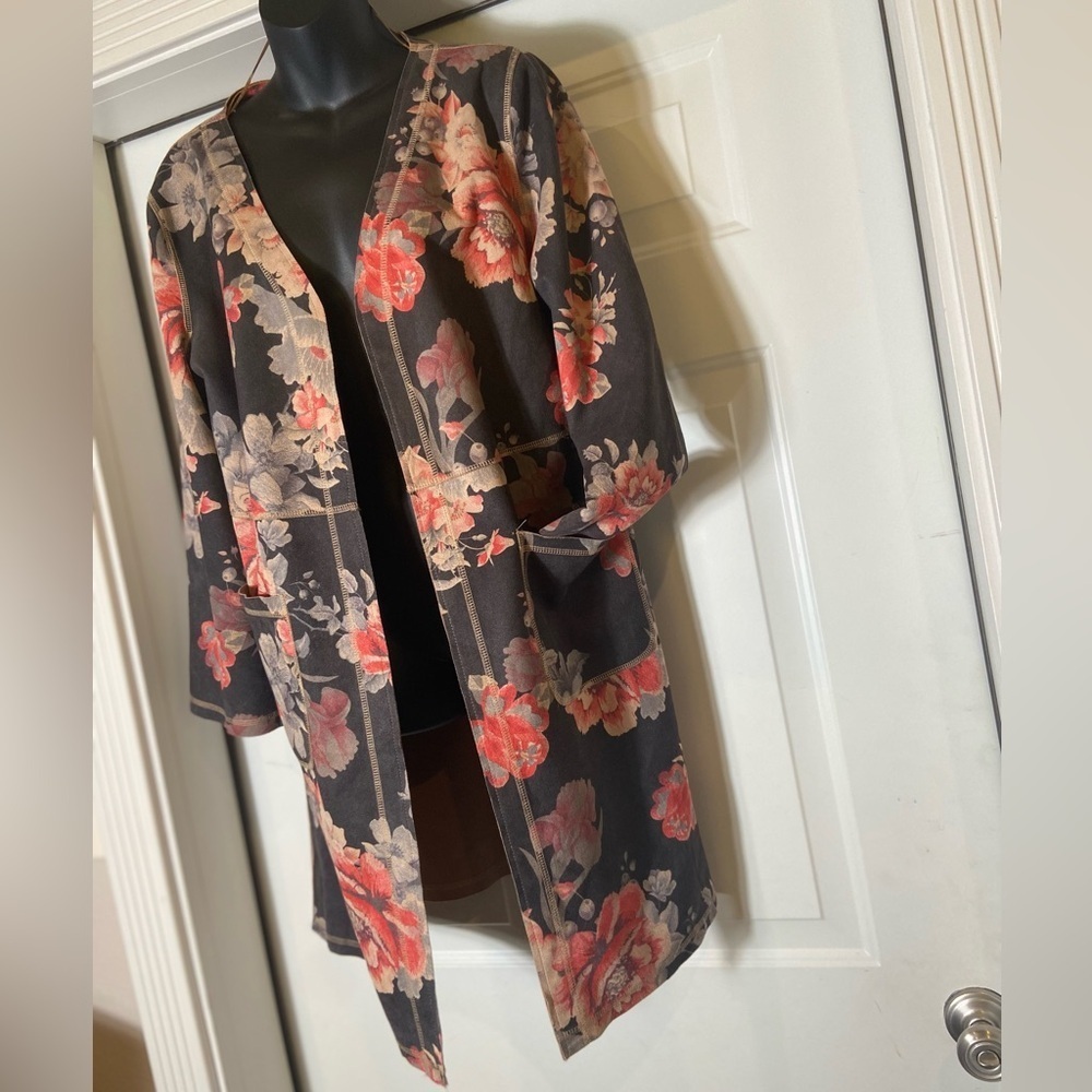 Solitaire~Vibrant~Faux Suede~Floral Print~Open Style~Midi~Cardigan~Coat~Size L